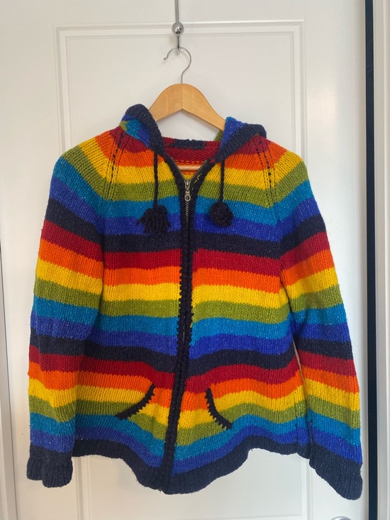 Handmade Sweaters - Handmade Knitted Rainbow Stripe Hooded Zip Cardigan Adult - see measurements